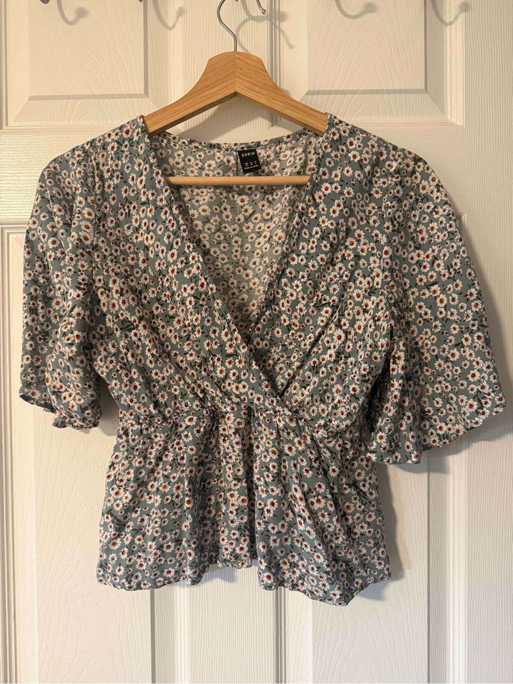 SHEIN Sage Green Floral Wrap Peplum Blouse